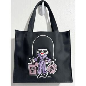 Vintage Anna Sui Tote Bag Mini Black Cartoon 90's Y2K Cute Embroidered Nylon